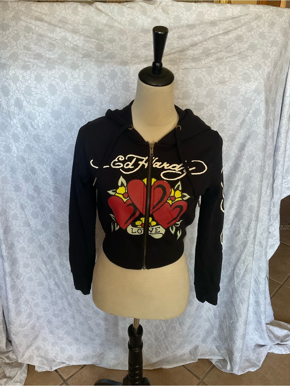 Ed Hardy Black Zip Hoodie with Red Heart and Yellow Accents